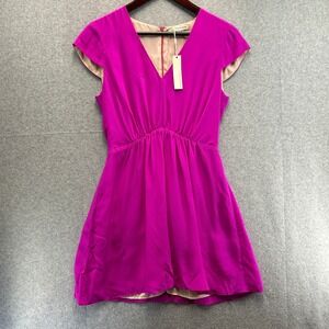 Lavender Brown Silk V-Neck Mini Dress Hot Pink Cap Sleeve Size Small NWT READ